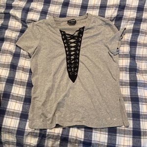 Bebe XS gray shirt with lace up chest